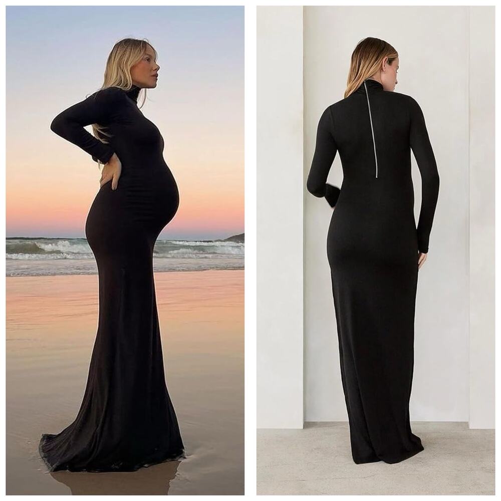Bumpsuit The Monica Maternity Maxi Dress Size Medium Black Long Sleeve Stretch